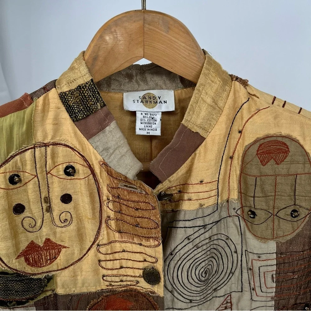 Sandy Starkman Womens Silk Art To Wear Jacket Size M Patchwork Beading Vintage - Picture 5 of 13